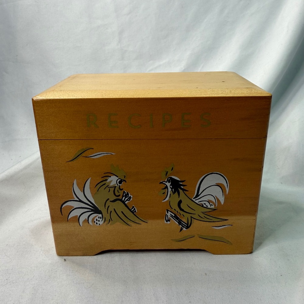 Vintage Wooden Recipe Box Hand Painted Rooster Farmhouse Kitchen Storage Brown